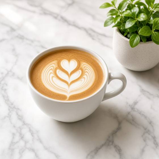 Foto de producto de un latte art sobre mármol